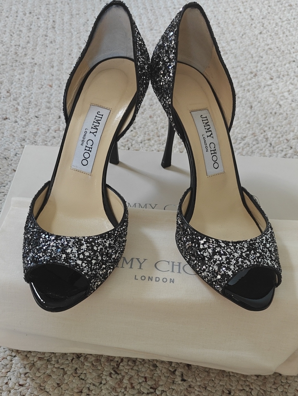 Jimmy Choo Black & Silver Glitter Peep-Toe Stilettos